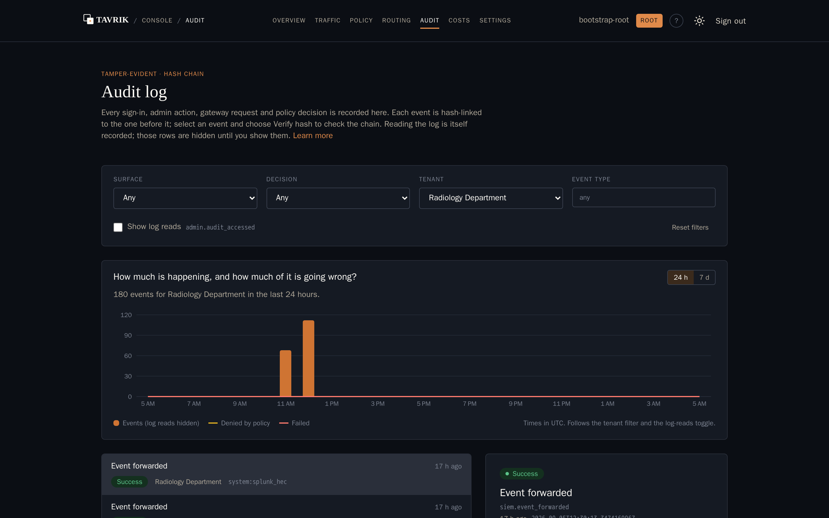 The Tavrik console Audit page