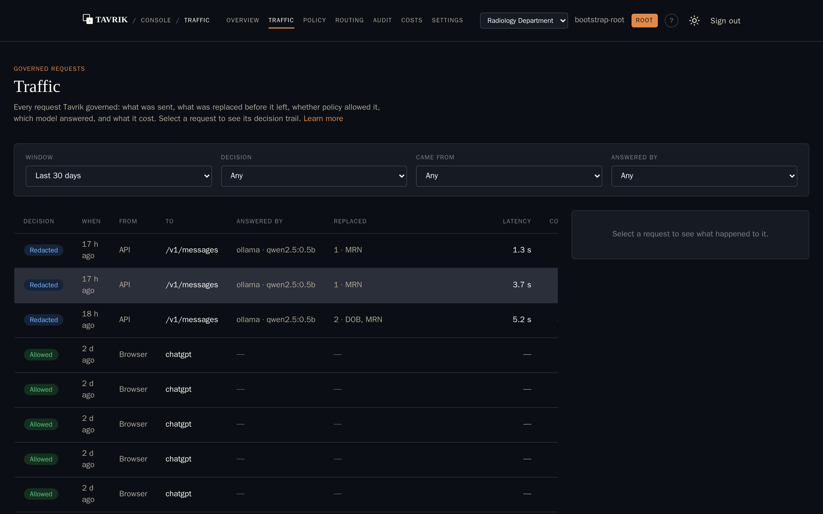 The Tavrik console Traffic page